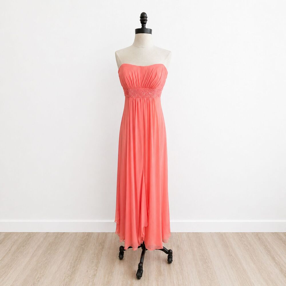Y2K Coral Pink Prom Dress Strapless Beaded Heart Bodice Formal Size 4 XS S